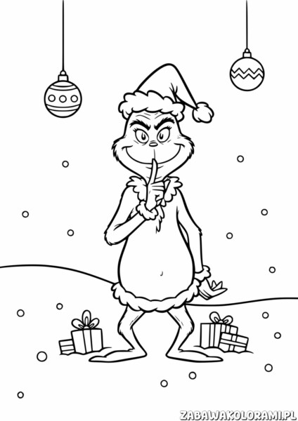 Grinch Kolorowanka świąteczna - kolorowanka z Grinchem w kapeluszu Świętego Mikołaja i prezentami
