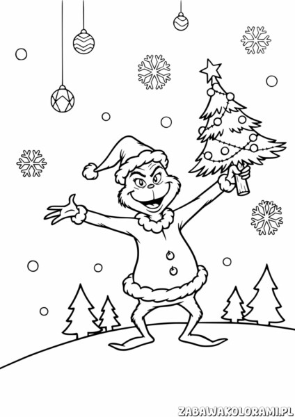 Grinch Malowanka do druku: kolorowanka z Grinchem i choinką