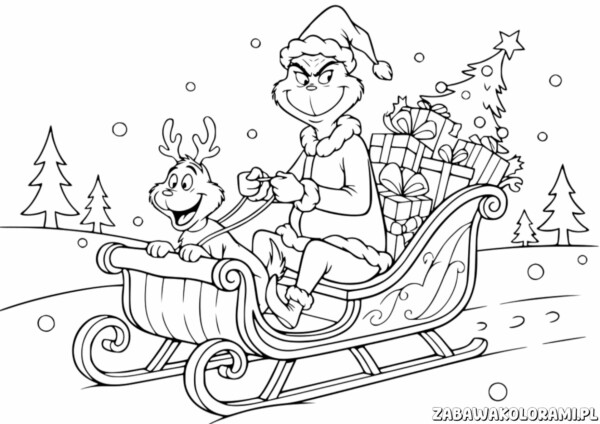 Grinch i Max Kolorowanka - Grinch i renifer w saniach z prezentami