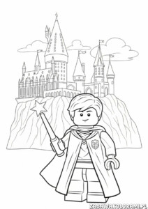 Harry Potter Kolorowanka Lego - Harry z różdżką przed zamkiem w stylu LEGO