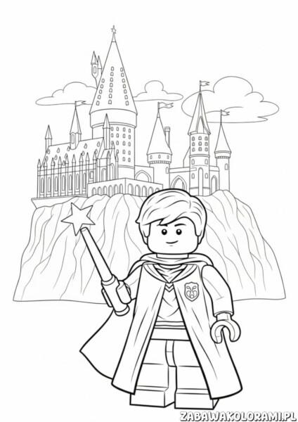 Harry Potter Kolorowanka Lego - Harry z różdżką przed zamkiem w stylu LEGO
