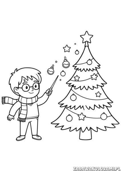 Harry Potter – choinka kolorowanka: chłopak z czarodziejską różdżką obok choinki