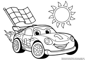 Hot Wheels - kolorowanka z wyścigówką z uśmiechniętą buźką i płomieniami z tyłu