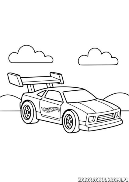 Hot Wheels Kolorowanka do druku - samochód z duża tylną skrzydłem i logo Hot Wheels