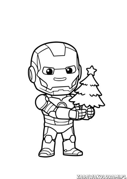 IronMan – choinka kolorowanka: superbohater z choinką w stylu chibi
