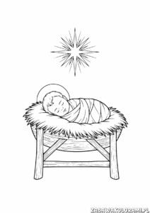 Jezus w żłobie - Kolorowanka religijna: Scena narodzin Jezusa z gwiazdą Betlejemską