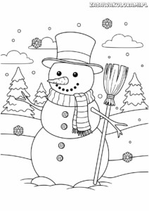Kolorowanka Bałwanek - bałwan w kapeluszu i szalikiem z ciekawą przygodą zimową