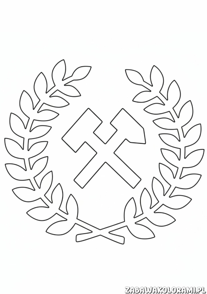 Kolorowanka Barbórka przedstawia wianek z laurem z krzyżem w środku