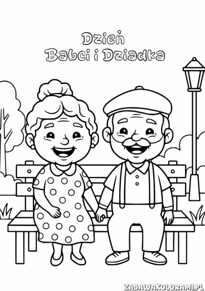 Kolorowanka Dzień Babci i Dziadka – babcia i dziadek w parku