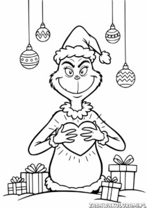 Kolorowanka Grinch - Grinch trzyma duże serce, otoczony prezentami i ozdobami świątecznymi