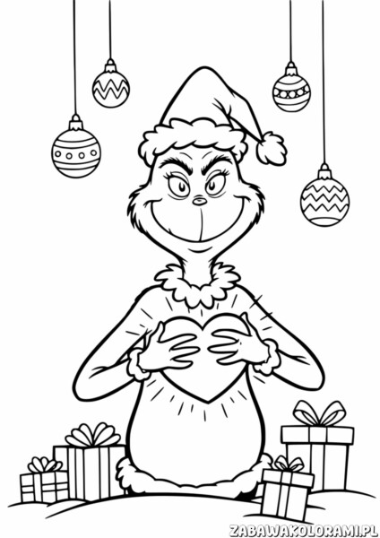 Kolorowanka Grinch - Grinch trzyma duże serce, otoczony prezentami i ozdobami świątecznymi