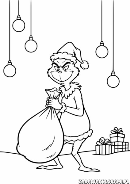 Kolorowanka Grinch do druku przedstawia Grincha z kapeluszem Świętego Mikołaja i workiem prezentów