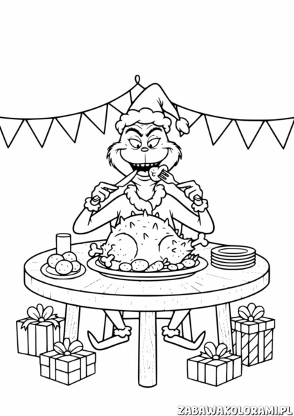 Kolorowanka Grinch do wydruku przedstawia Grincha z kapeluszem Świętego Mikołaja przy stole z obiadem