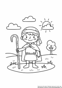 Kolorowanka Mały Pasterz - pasterz z laską na łące