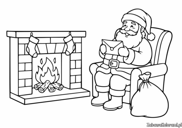 Kolorowanka Mikołaj czyta listy - Święty Mikołaj czyta listy przed kominkiem