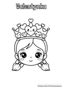 Kolorowanka Moja Walentynka przedstawia uśmiechniętą Walentynkę z koroną z serduszek