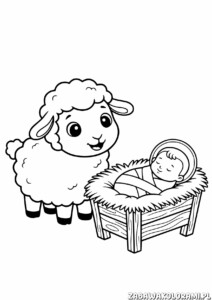 Kolorowanka Owieczka z Jezusem - uśmiechnięta owieczka i Jezusek w żłobku