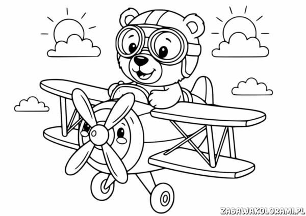 Kolorowanka Samolot z misiem w kokpicie, gotowym do lotu