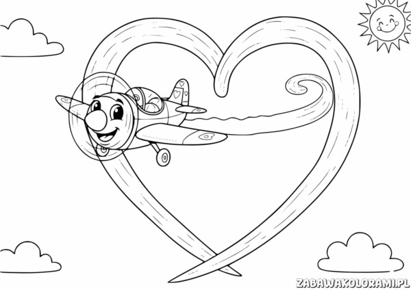 Kolorowanka Samolot do druku - uśmiechnięty samolot leci przez serce