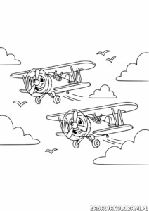 Kolorowanka Samoloty - dwa samoloty latające po niebie z uśmiechniętymi śmigłami