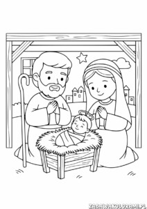 Kolorowanka Stajenka Betlejemska przedstawiająca scenę narodzin Jezusa z Maryją i Józefem