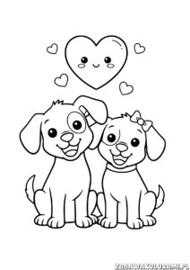 Kolorowanka Walentynka dla psów przedstawia szczenięta i serca