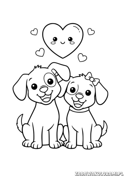 Kolorowanka Walentynka dla psów przedstawia szczenięta i serca