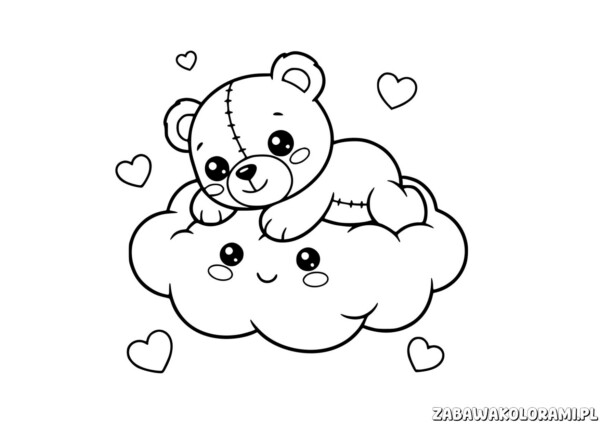 Kolorowanka Walentynka do druku przedstawia misia i chmurkę otoczonych sercami