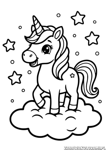 Kolorowanka jednorożec - magiczne stworzenie na chmurze otoczone gwiazdkami