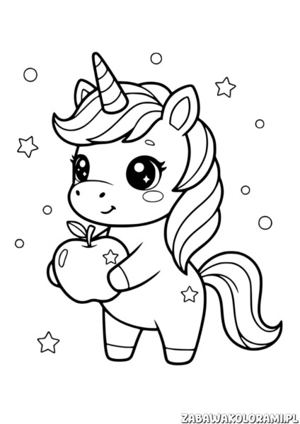Kolorowanka jednorożec do druku - jednorożec z jabłkiem i gwiazdkami