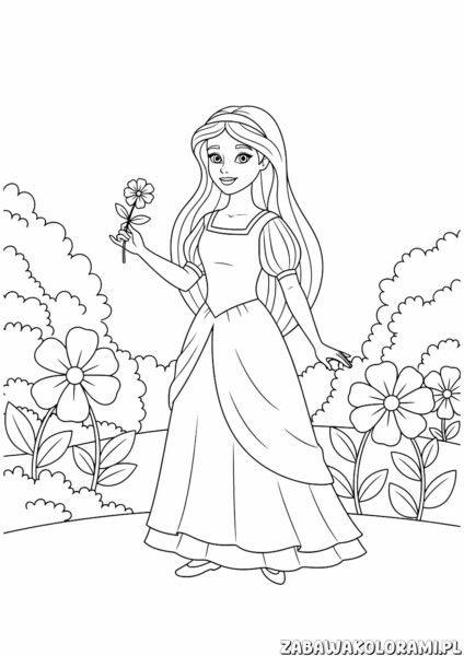 Kolorowanka księżniczka w ogrodzie - zabawa dla dzieci z kwiatami
