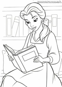 Kolorowanka księżniczka Bella - księżniczka czyta książkę w pokoju pełnym książek.