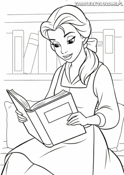 Kolorowanka księżniczka Bella - księżniczka czyta książkę w pokoju pełnym książek.