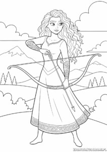 Kolorowanka księżniczka Merida - Merida trzyma łuk i strzałę, gotowa do strzelania.