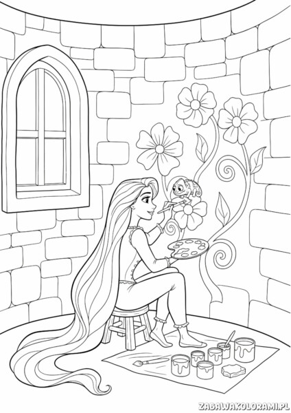 Kolorowanka księżniczka Roszpunka maluje kwiaty na murze