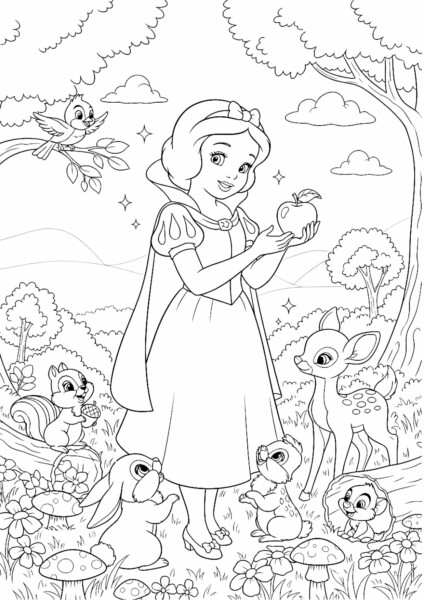Kolorowanka księżniczka Śnieżka w lasie i zwierzętami