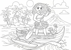 Kolorowanka księżniczka Vaiana - Vaiana w łódce z przyjaciółmi
