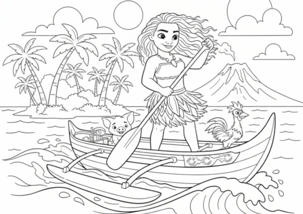 Kolorowanka księżniczka Vaiana - Vaiana w łódce z przyjaciółmi