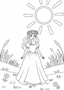 Kolorowanka księżniczka do druku - księżniczka w polu kwiatów
