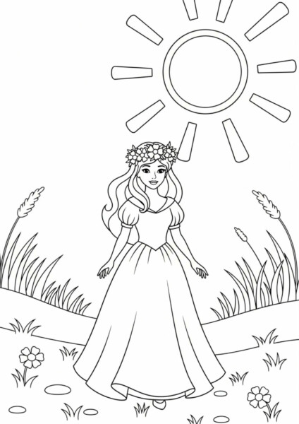 Kolorowanka księżniczka do druku - księżniczka w polu kwiatów
