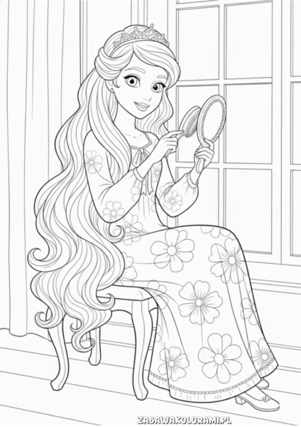 Kolorowanka księżniczka z długimi włosami - księżniczka z długimi włosami czesze się przy oknie