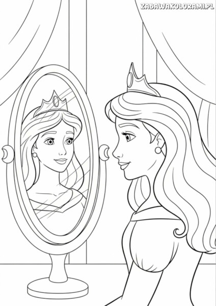 Kolorowanka księżniczki - księżniczka patrzy w lustro