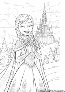 Kolorowanka księżniczki Anna przedstawia Annę z Frozen w zimowym pejzażu.