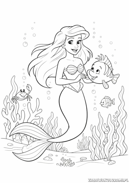 Kolorowanka księżniczki Ariel z rybkami - kolorowanka dla dzieci