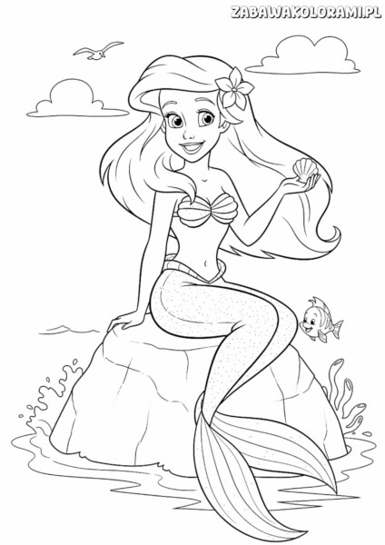 Kolorowanka księżniczki Ariel - syrenka na skałach z muszlą i rybką