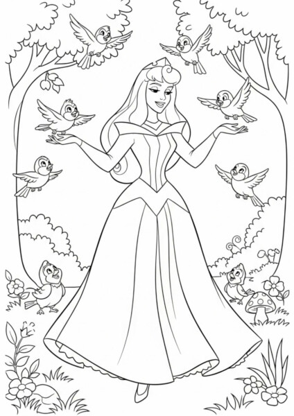 Kolorowanka księżniczki Aurora - Aurora z przyjaciółmi z lasu