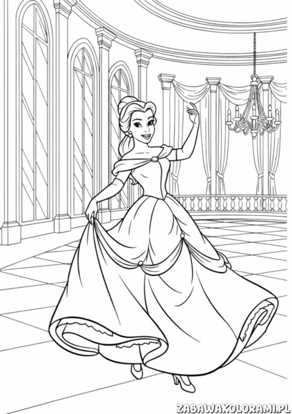 Kolorowanka księżniczki Bella przedstawia księżniczkę w eleganckiej suknio, tańczącą w królewskim wnętrzu