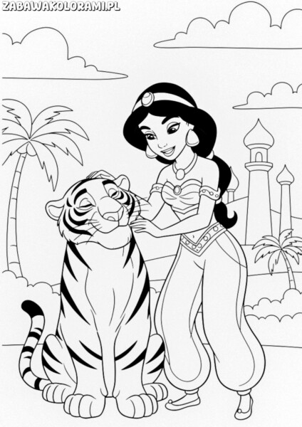 Kolorowanka księżniczki Dżasmina - kolorowanka z księżniczką Dżasminą i Rajah w egzotycznym otoczeniu