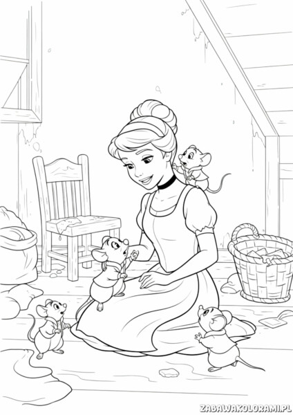 Kolorowanka księżniczki Kopciuszek z myszkami - kolorowanka do wydruku