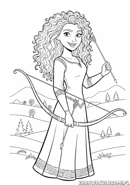 Kolorowanka księżniczki Merida - Merida z łukiem i strzałą w malowniczym pejzażu